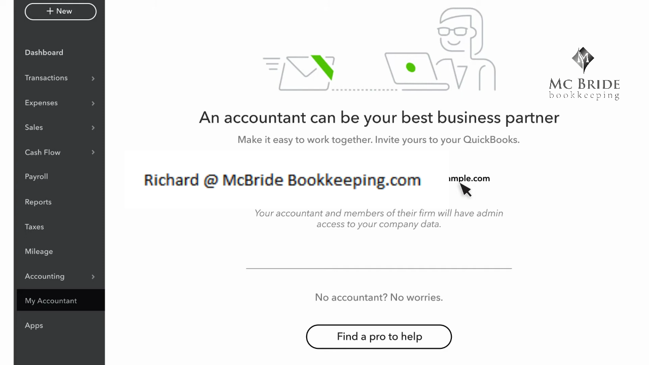 screengrab of Invite Accountant page in QBO Quickbooks online