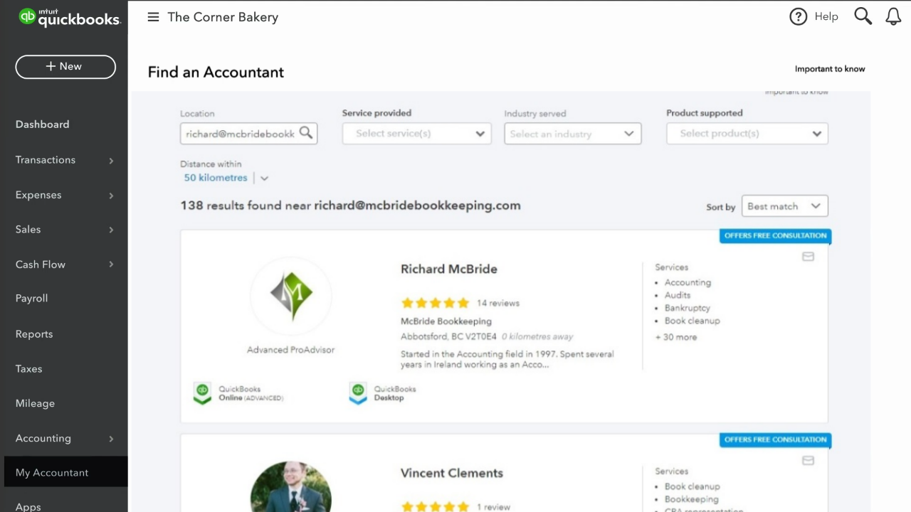 Search results screencapture for QBO find a quickbooks Proadvisor accountant nearby